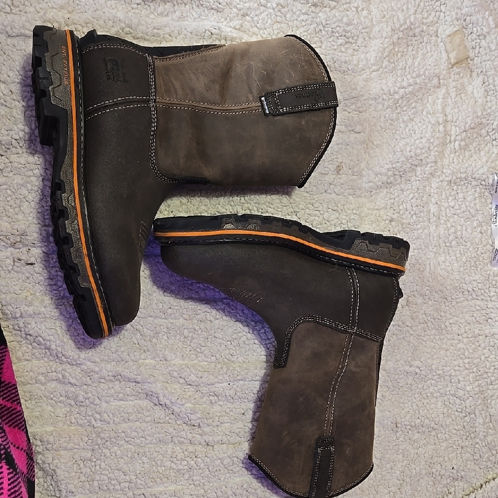Brown Leather Work Boots with Orange Trim